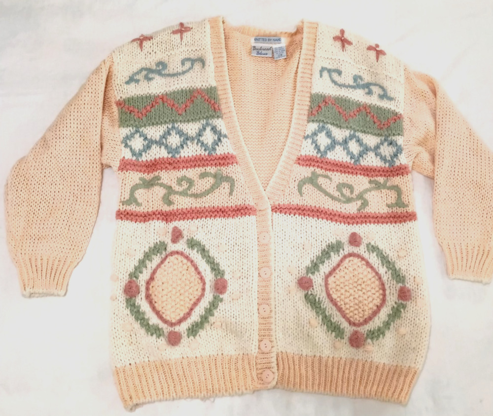 VTG Women Backroad Blues Peach Pastel Cardigan Sweater Plus Sz 22W Hand Knitted
